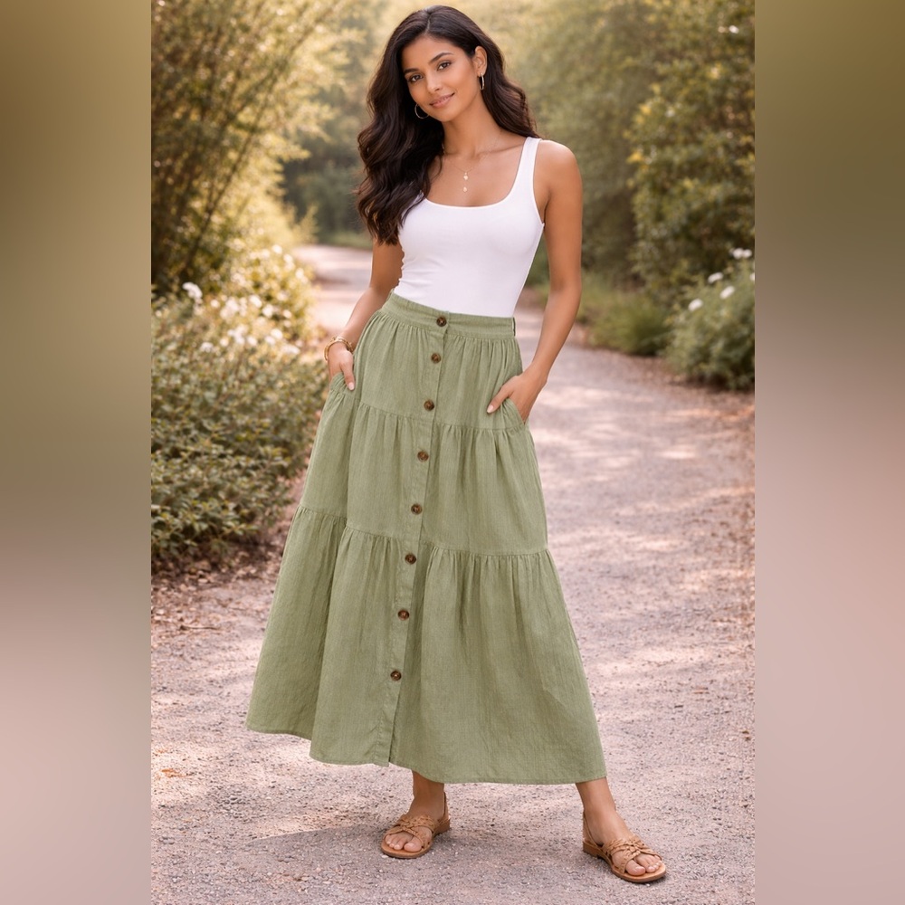 SHEIN Olive Tiered Button-Front Maxi Skirt